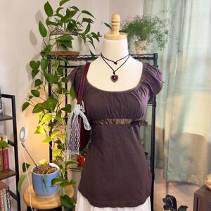 Vintage Y2K Self Esteem Brown Babydoll Top Size XL Lace & Bow Fairy Boho